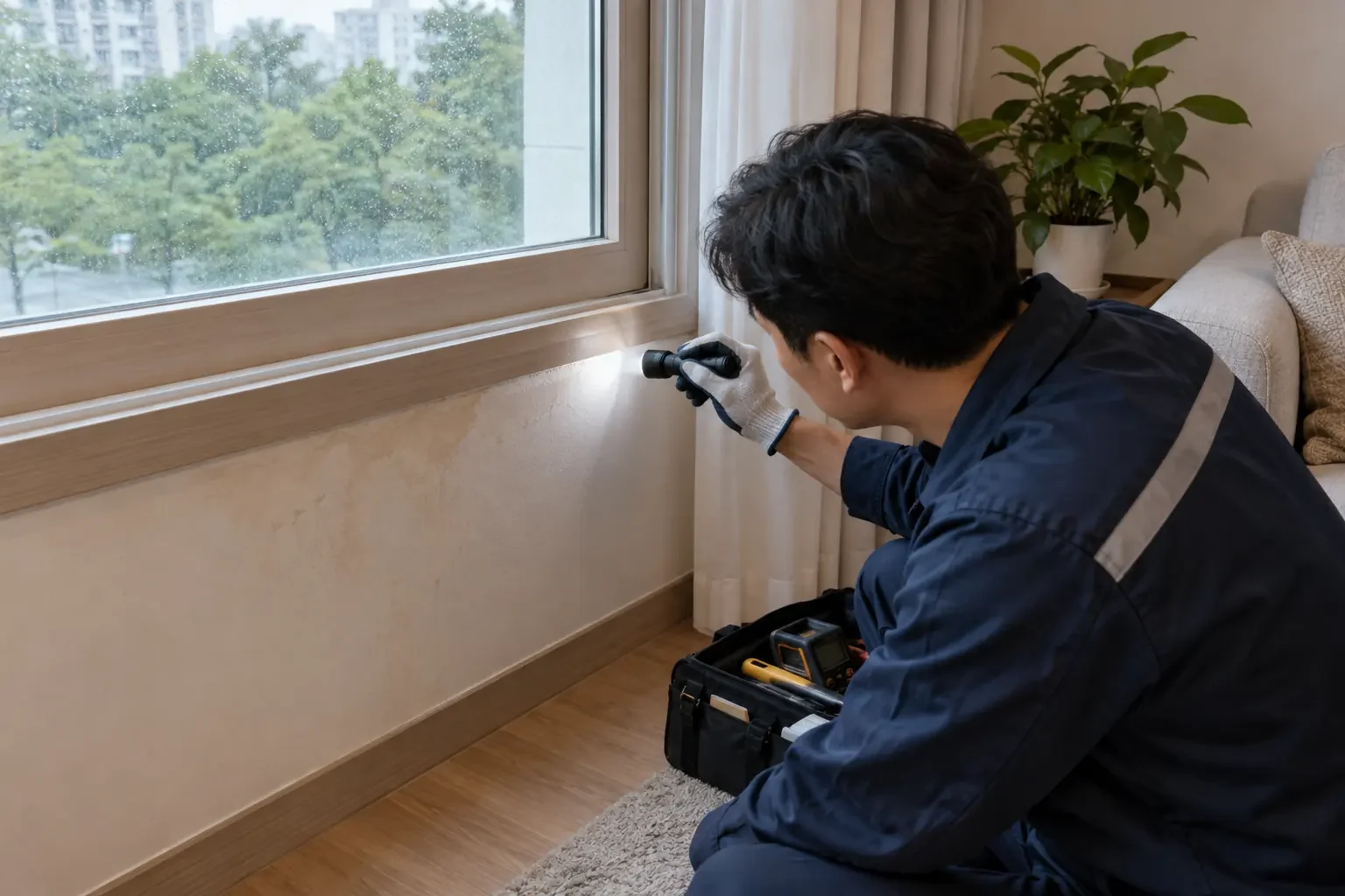 창가 주변 물샘 흔적 확인 모습